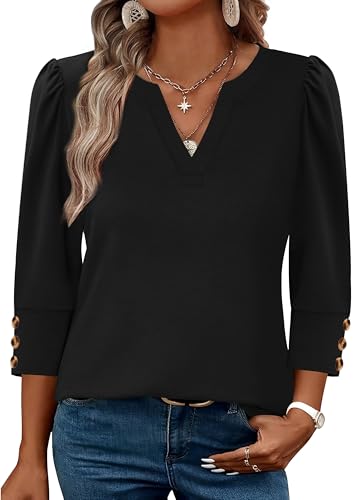 WIHOLL 3/4 Length Sleeve Womens Tops with Button Cuffs Dressy Casual V Neck Summer Outfits Early Fall Fashion Clothes 20252