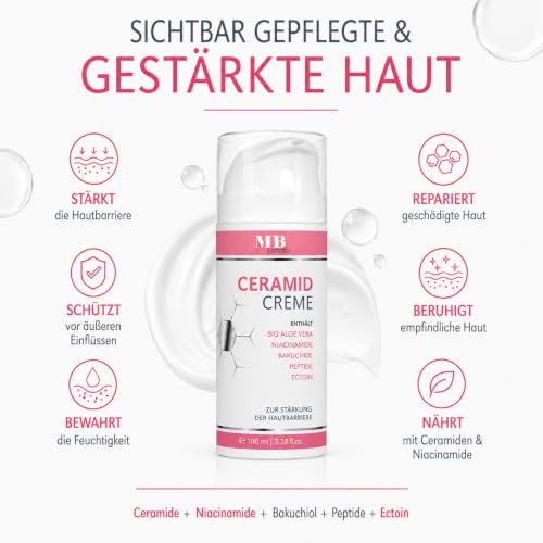Foto von Ceramidcreme 100ml mit 3 essenziellen Ceramiden plus Bio Aloe Vera, Bakuchiol und Bio Granatapfelkernöl – Vegane Gesichtsplege zur Stärkung der Hautbarriere mit Niacinamiden und Ectoin - MB COSMETICS