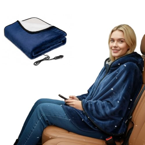 Sojoy Wearable 12V Heated Car Blanket with Zipper Design, Flannel Sherpa Electric Shawl for Cars Trucks SUVs, Fast Heating Lap and Shoulder Wrap for Cold Weather Travel，Navy Blue