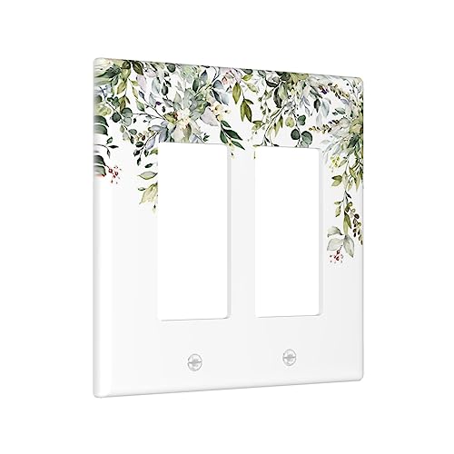 Sage Green Watercolor Plant Leaves with Floral 2 Gang Double Rocker/Decora Light Switch Cover Decorative Outlet Wall Plate Electrical Faceplate Bathroom Home Living Room Bedroom Decor 4.7″ x 4.6