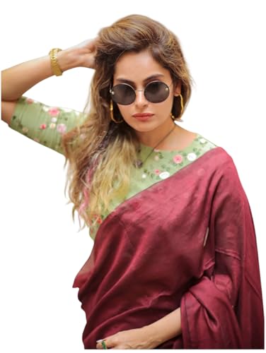 Image of Designer Cotton Saree with Floral Print Blouse, Maroon and Mint Green, Tasseled