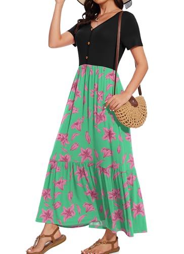 Image of VIISHOW Women's Short Sleeve Maxi Dress 2026 Summer V Neck Knit Loose Plain Empire Waist Casual Dresses with Pockets