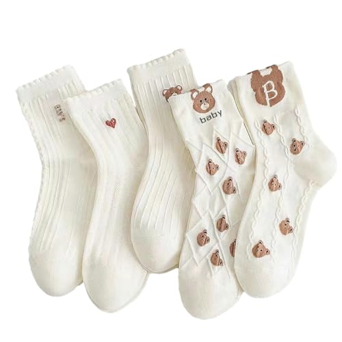 chanstore 5 pares de calcetines largos deportivos para mujer, diseño de arco iris, color blanco, para primavera y otoño, Pc004 (Baby 3D Bear) - Calcetines de tubo medio, Talla única