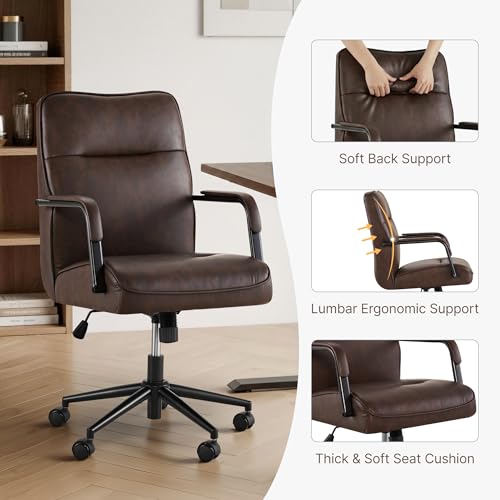 KISLOT Ergonomic Home Office Chair with Lumbar Support, Adjustable Swivel Modern Desk Chair with Wheels, Faux Leather Computer Chair with Padded Arms, Comfy Executive Office Chair, Espresso by KISLOT - Used condition - Image 3