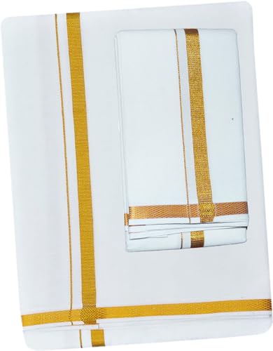 Image of PRAKASAM COTTON - Jari Border Cotton Blended Dhoti For mens & Matching Jari Border Towel (Angavastaram)