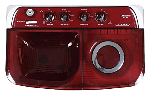 Image of Lloyd 8.5 kg 5 Star Semi Automatic Top Load Washing Machine | 1300 RPM | Soak Function | 4 Wash Programs | Memory Back-up | Magic Filter | Wash Basin Design Lids ( GLWMS85RDB,Red and White)