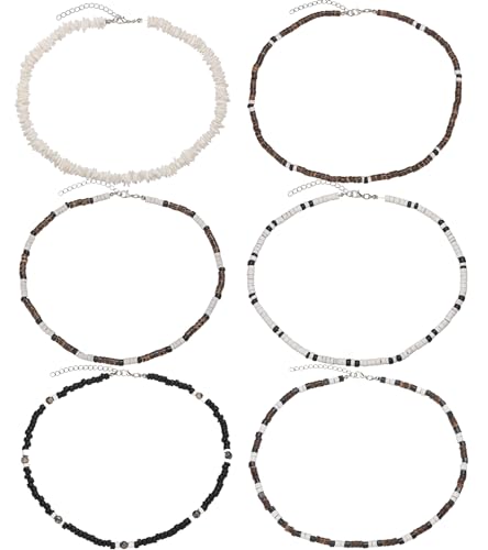 6Pcs Shell Surfer Necklaces for Men White Puka Shell Necklace Summer Beach Seashell Necklace Coconut Beads Hawaiian Pooka Choker