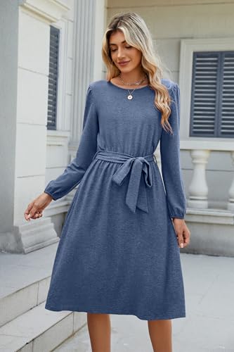 Image of Newshows Womens Long Sleeve Casual Dresses 2025 Business Work Teacher Fall Church Belted A Line Flowy Midi Dress
