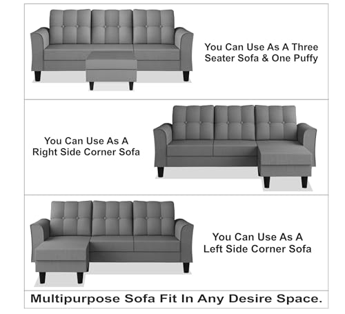 Image of Adorn India Maddox Tufted L Shape 4 Seater Sofa Set (Grey) (3 Year Warranty)