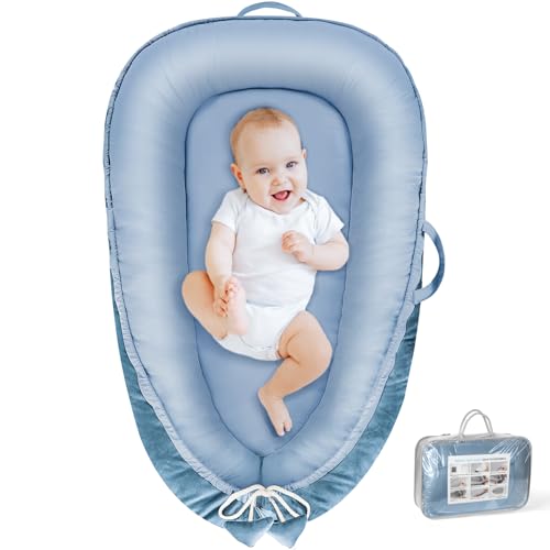 Image of BBWOO Baby Lounger - Baby Lounger for Newborn 0-24 Months, Breathable & Soft Cotton and Velvet Cover Baby Nest, Portable Tummy Time Lounger for Home and Travel, Ideal Baby Essentials & Shower Gifts