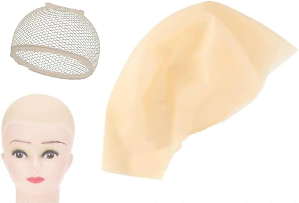 Realistic Latex Bald Cap + Breathable Wig Cap – Skin-Colour Bald Head Cover for Cosplay, Halloween, Theatrical Makeup & Fancy Dress, Christmas Old Lady Hairstyle-Big Size