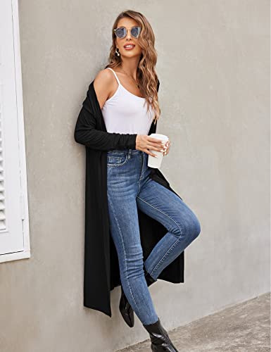 Bluetime Women Long Open Front Drape Lightweight Maxi Long Sleeve Cardigan Sweater (XL, Black)