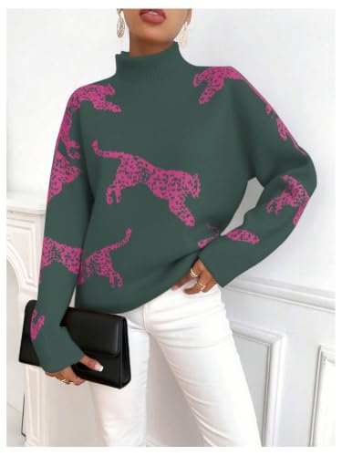 Image of WDIRARA Women's Leopard Tiger Print Sweater High Neck Long Sleeve Fuzzy Knitted Pullover Top