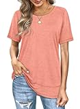 Summer Short Sleeve Tops Women Crewneck Plus Casual Tee Side Split Coral XXL