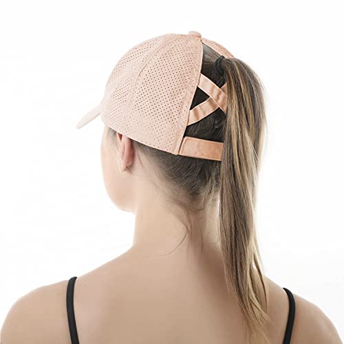 Koreshion Womens Criss Cross Ponytail Baseball Cap Adjustable High Messy Bun Ponycap Quick Drying Mesh Trucker Hats For Outdoor Sports Travel Pink #TOP5