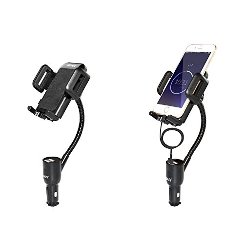 SOAIY 3-in-1 Cigarette Lighter Car Mount + Voltage Detector (Not for Center Console & Window), Dual USB 3.1A Charger with Adjust Gooseneck & 360° Rotating Car Mount Cradle for 1.7-3.7inch Width Phones