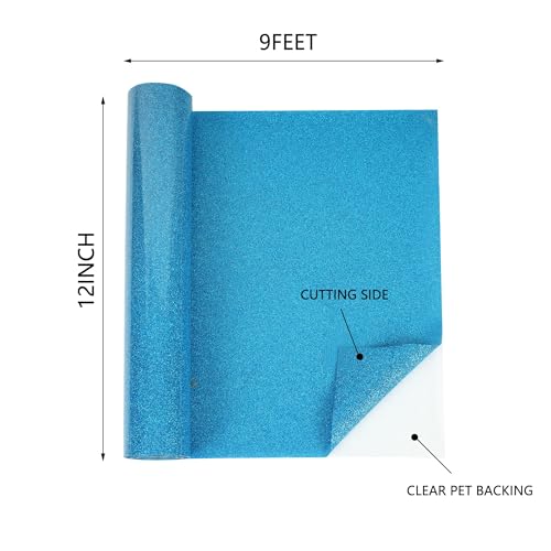 Image of HTVVETUR Glitter HTV Vinyl Rolls Heat Transfer Vinyl - 12 inch x 9ft Blue HTV Vinyl for Shirts, Iron on Vinyl for Cameo - Easy to Cut & Weed for Heat Vinyl Design (A001-J008 Glitter Blue-9ft)