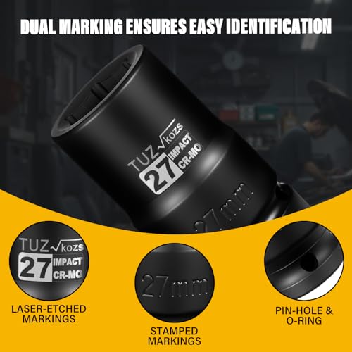 Image of 1 Inch Drive 27mm Deep Metric Impact Socket,CR-MO,6 Point Radius Corner Design,Square Chamfered Opening,Axle Nut Impact Grade Socket for Easy Removal