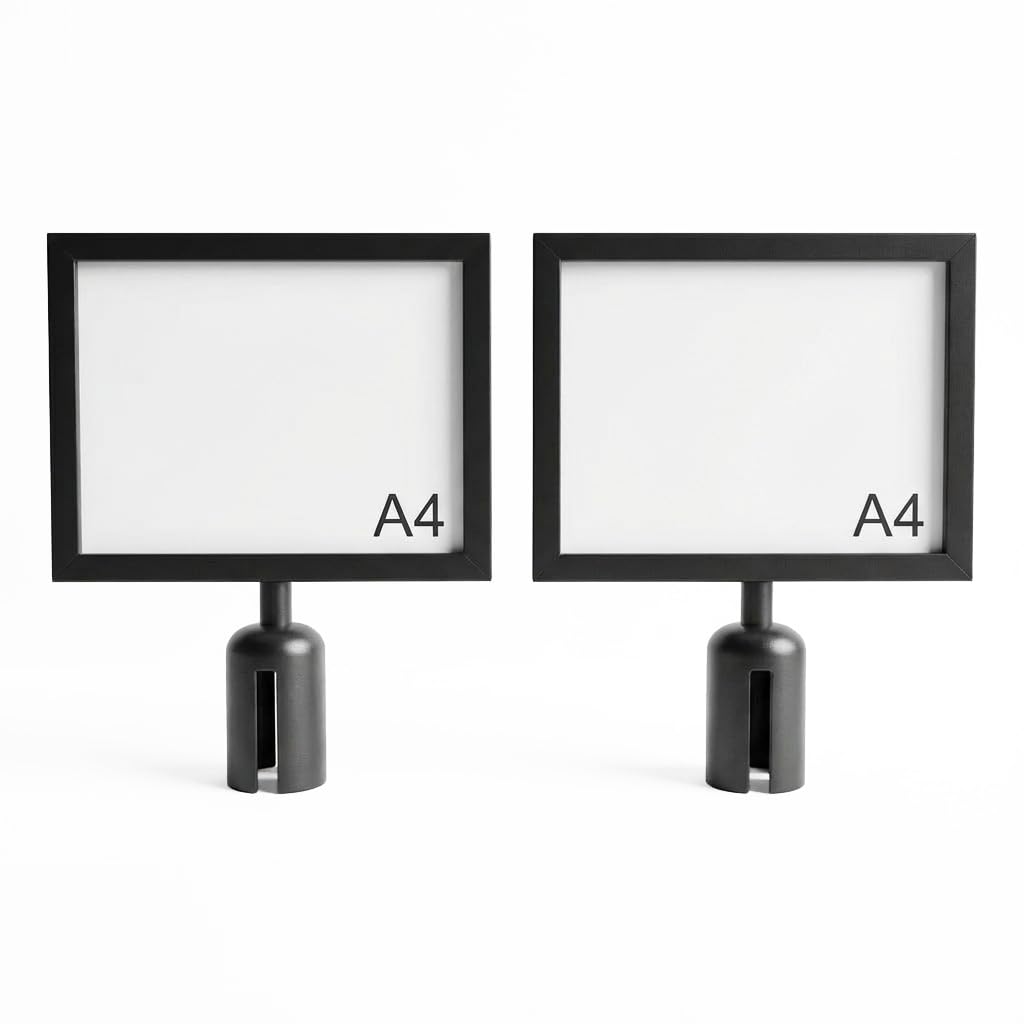 A4 Schilderhalter für Absperrpfosten, Horizontal, 2 STÜCK Doppelseitiger Schilderrahmen Infoständer mit Acrylglas, Geeignet für Absperrpfosten bis 63 mm - Mattschwarz