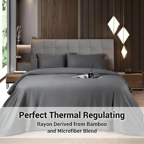 Image of Shilucheng 4 Piece Full Sheet Sets, Cooling Sheets, Blend Rayon Derived from Bamboo, Deep Pocket Up to 16 inch, Breathable & Soft Bed Sheets, Hotel Silky Bedding Set, Dark Grey