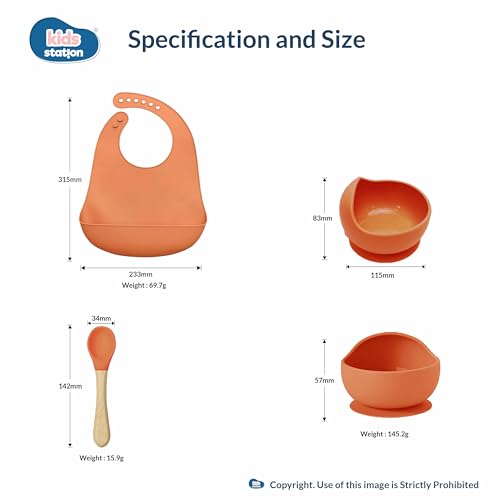 Image of Kids Station Solid Easy to Carry Silicone Baby Feeding Set - Bowl - Spoon - Make Mealtime Fun And Easy - Tableware Meal Utensils For Kids With Suction - Baby Feeding Product (Set of 3, Orange)