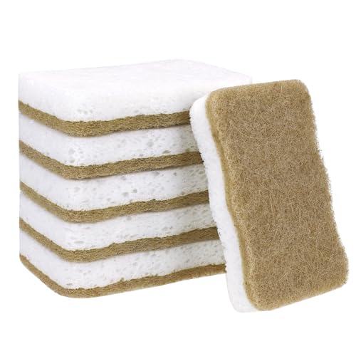 Image of Natural Sisal & Wood Pulp Sponge Scrubber - Eco-Friendly, Biodegradable Kitchen Sponge - Dual-Sided Coconut Fiber & Cellulose Scrubber for Dishwashing & Household Cleaning (Light Brown - 6pcs)
