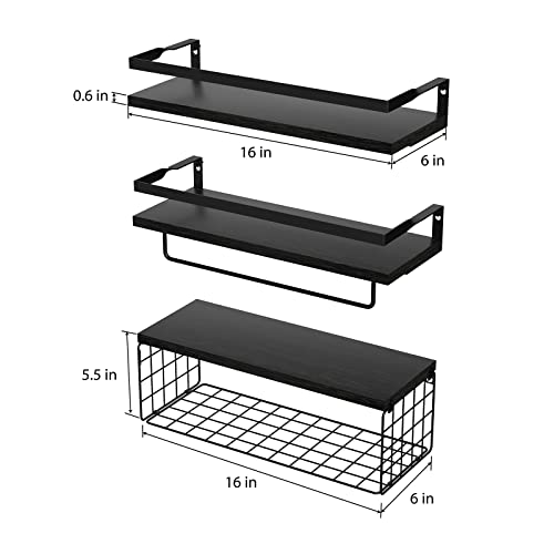 Floating Shelves With Storage Basket, Bathroom Shelves Over Toilet Paper Holder Storage Shelves, Wall Mounted Rustic Wood Shelves For Bathroom, Bedroom, Living Room, Kitchen(Black, Set Of 3) #TOP2