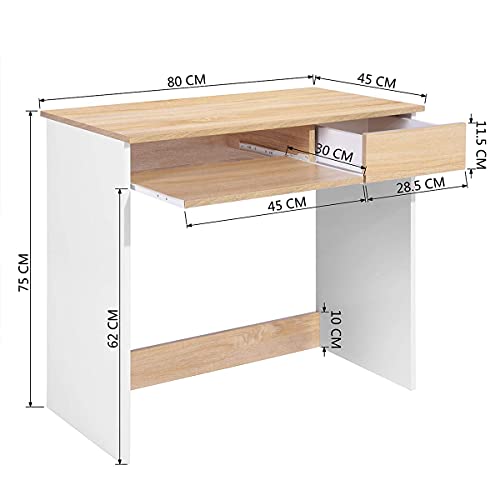 Coavas Computer Desk Study Table Wooden Writing Desk with Cupboard Drawers and Keyboard Tray Desktop PC Table for Adults and Children, 80x45x75cm Beech & White - Image 8