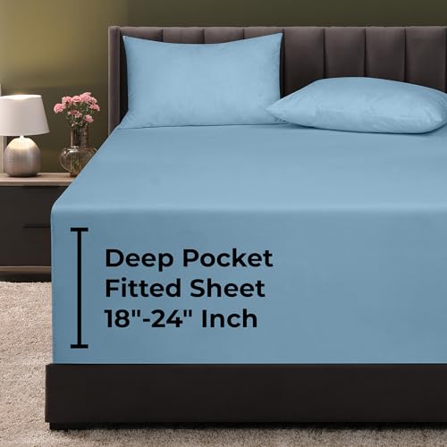 Image of Royale Linens Extra Deep Pocket Twin Fitted Sheet Only - Twin Size Deep Pocket Lake Blue Fitted Sheet - Fits 18 to 24 inch Thick Mattress - Soft & Breathable Elastic Sheets (39x75 Inches, Lake Blue)