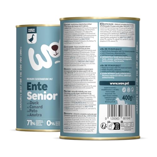 WOW Dog Senior Nassfutter mit Ente | Mit hohem Fleischanteil, ohne Getreide und Zucker | 400 g / 12er Pack