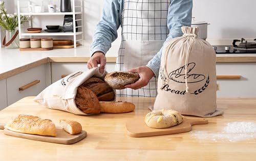 Image of 2 Pack Linen Bread Bags for Homemade Bread - Plastic Lined - Reusable Linen Sourdough Bread Storage Bags with Plastic Liner - 17 inch x 13 inch