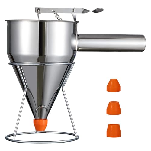 40oz Pancake Batter Dispenser with Squeeze Handle, Stainless Steel Cupcake Dispenser Set w/4 Caliber Nozzles, Stand, Mess-Free Batter Pourer for Pancakes, Waffles, Takoyaki