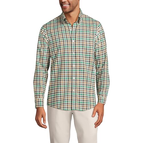 Lands' End Mens Traditional Fit No Iron Twill Shirt Fresh Evergreen/Green Plaid Regular Large
