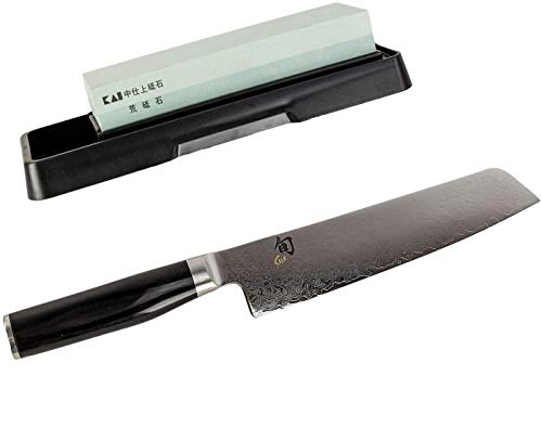 Kai Shun Premier Tim Mälzer Minamo Santoku TMM-0702 Couteau Santoku japonais ultra tranchant en acier damassé + pierre à aiguiser KAI AP-0305