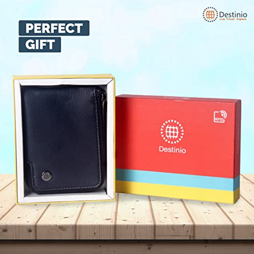 Image of Destinio Card Holder Wallet for Men Women - Genuine Leather, Branded Zippers, RFID Protection - ATM Debit Credit Card Holder, Slim RFID Protected Zipper Money Coin Purse (Blue)