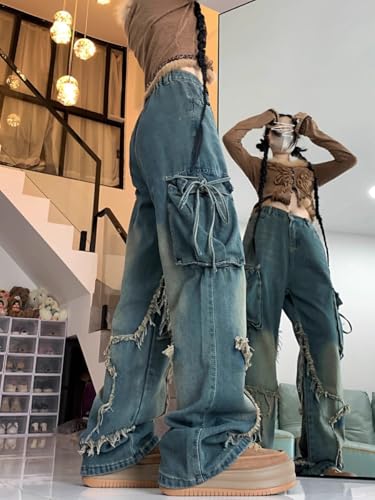 Unisex Y2K Star Patchwork Baggy Jeans – Wide Leg Distressed Denim Pants with Drawstring Waist and Cargo Pockets Streetwear4