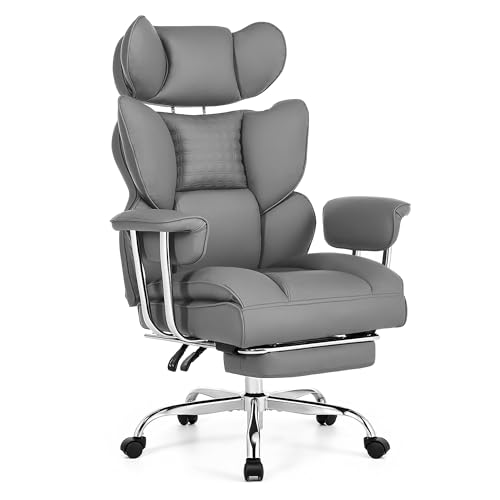 Image of Big and Tall Office Chair 400 LBS, Scratch-Resistant PU Leather Executive Ergonomic Desk Chair with Footrest, Lumbar Support, Wide Reclining Computer Seat for Home Office, Grey