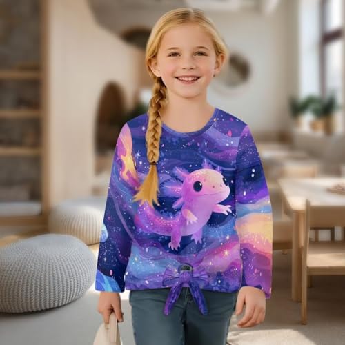 Casual Girls T-Shirt,Front Knot Kids Tunic Tops,Loose Crew Neck Girls Long Sleeve Shirt for School4