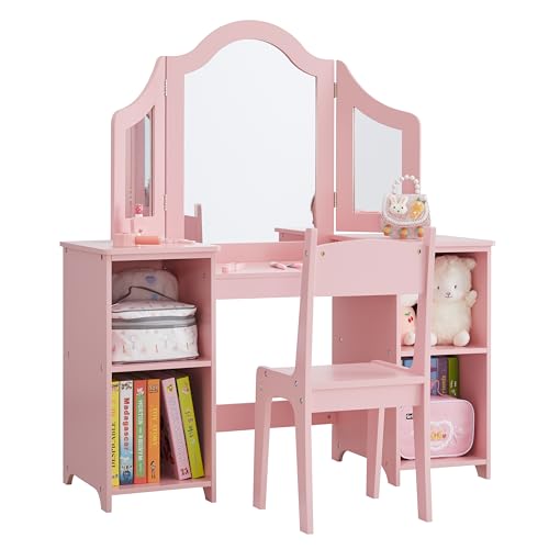 Image of MOUDS Kids Vanity Set 2 in 1, Sturdy & Durable Princess Makeup Table, Easy Assembly Toddler Vanity with Open Storage, Detachable Tri-fold Mirror Vanity for Little Girls Age 3-9 (Pink with Chair)