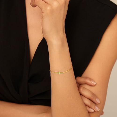 Sanfenly Gold Bracelets for Women Non Tarnish Dainty 14K Gold Plated Stainless Steel Evil Eye Beaded Pearl Cubic Zirconia Simulated Diamond Cross Turquoise Charm Bracelets Trendy Adjustable Paper Clip Link Chain Waterproof Bracelets4