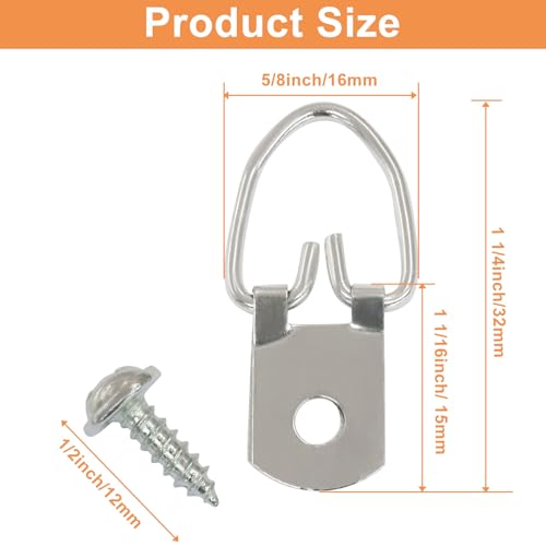 Image of Waziaqoc 100 Pcs D Ring Picture Hangers with Screws, Single Hole Heavy Duty Metal Hanging Hardware for Mirror Clock Paintings Artwork Picture Frame
