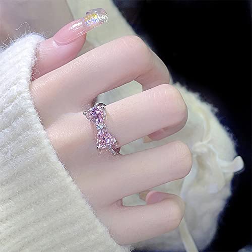 Pink Crystal Bow Knot Open Statement Rings for Women Diamond CZ Eternity Promise Band Engagement Wdding Rings Stacking Finger Band Adjustable Dainty Jewelry Gifts3