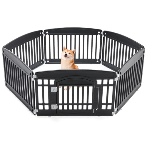 Image of Sweetcrispy Dog Playpen, Plastic Puppy Pet Fence, 6 Panels 24 Inch | Expandable Durable Plastic Build, Indoor Outdoor Portable, Secure Locking Door, Small Medium Size Dog, Black