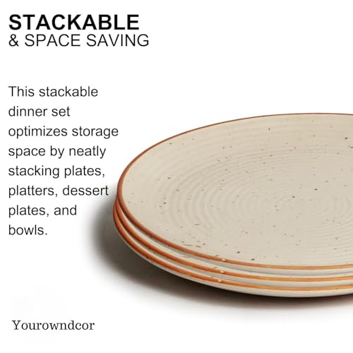 Image of Handcrafted Ceramic Stoneware Dinner Plates 10 Inches with Serving Bowl(8 Pieces, Serving for 4, Dishwasher & Microwave Safe)-Dinner Sets Ceramic Bowls Set Dinnerware Sets