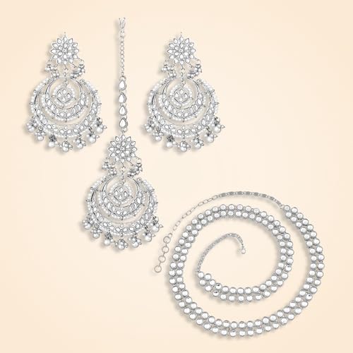 Image of Peora Traditional Jewellery Rhodium Kundan & Pearl Maang Tikka Earring Set for Women Girls