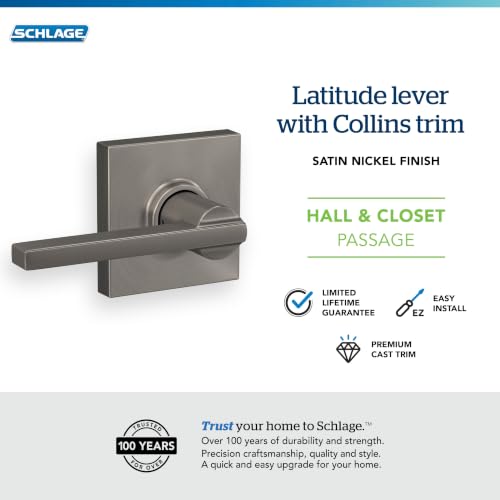 Image of SCHLAGE Latitude Hall /Closet Passage Door Handle, Reversible, Satin Nickel | Hall or closet lever door handle with no lock, Easy to install, Certified durability, Universal fit