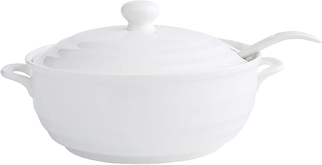 Double Handle Lid Pure White Ceramic Tureen Soup with Soup Ladle Soup Bowl with Cover for Restaurant Home Kitchen White Decoration 1200ML
