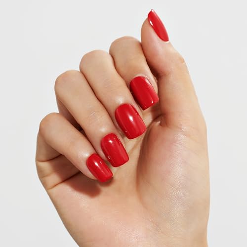 GLAMERMAID Scarlet Red Press on Nails Short Square, Pure Brigt Maroon Jelly Soft Gel Fake Nail Kits, 30 Pcs Solid Glue on Nail Tips, Fiery Red Opaque Stick on False Nail Manicure Kit for Women Gift — view 4