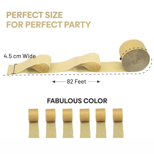 Image of 6 Gold Streamers, 492ft Pack of Crepe Paper Party Decorations | Each roll is 82 ft long and 1.8 Inch wide ideal for Birthday Party Decor, Wedding Decorations and Summer Parties