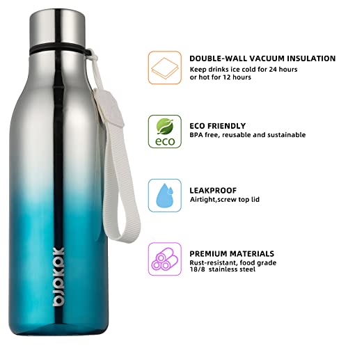Image of BJPKPK Insulated Water Bottles, 18 oz Stainless Steel Metal Water Bottle with Strap, BPA Free Leak Proof Jugs, Mugs, Flasks, Reusable Thermal Flasks for Sports & Travel, Blue Lagoon